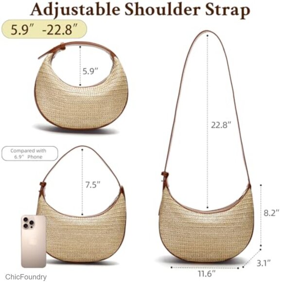 Straw Woven Hobo Crossbody Bag Adjustable Strap Beach Vacation Purse - Picture 5 of 7